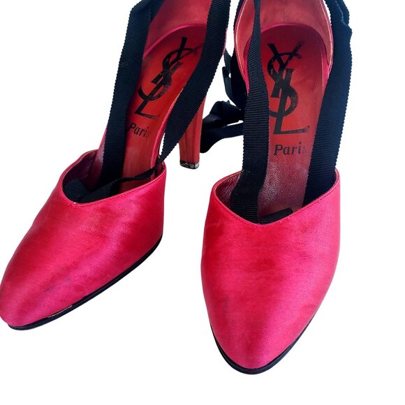 Vintage YSL Paris Silk Pumps 80s Yves San Laurent Strappy Heels 5 1/2 M - Picture 2 of 15